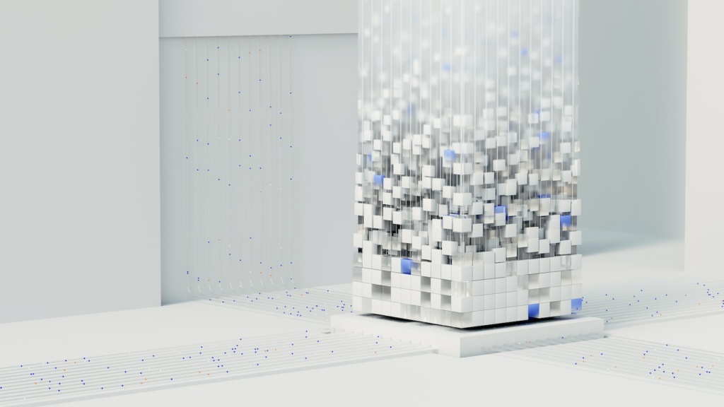 a white cube with blue squares